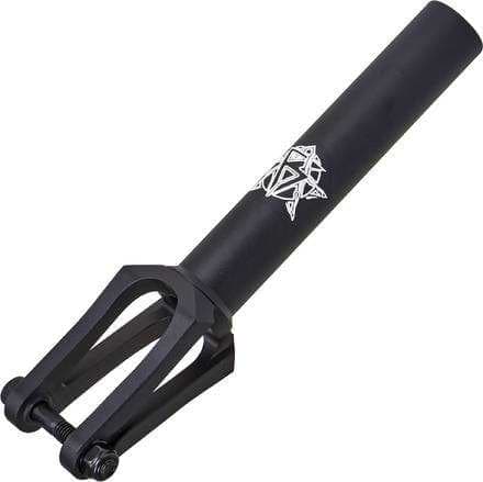 The Revolution Mutiny SCS/HIC Stunt Scooter Forks - Black by Revolution are made from CNC-milled, aircraft-grade aluminum, featuring a clamp and a cylindrical tube with a white geometric logo near the top.