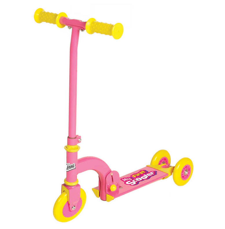 The Ozbozz My First Foldable Kids Kick Scooter in pink is a three-wheeled scooter with yellow handles and wheels, designed for beginner riders. It features a vibrant deck with colorful graphics and the Ozbozz logo.