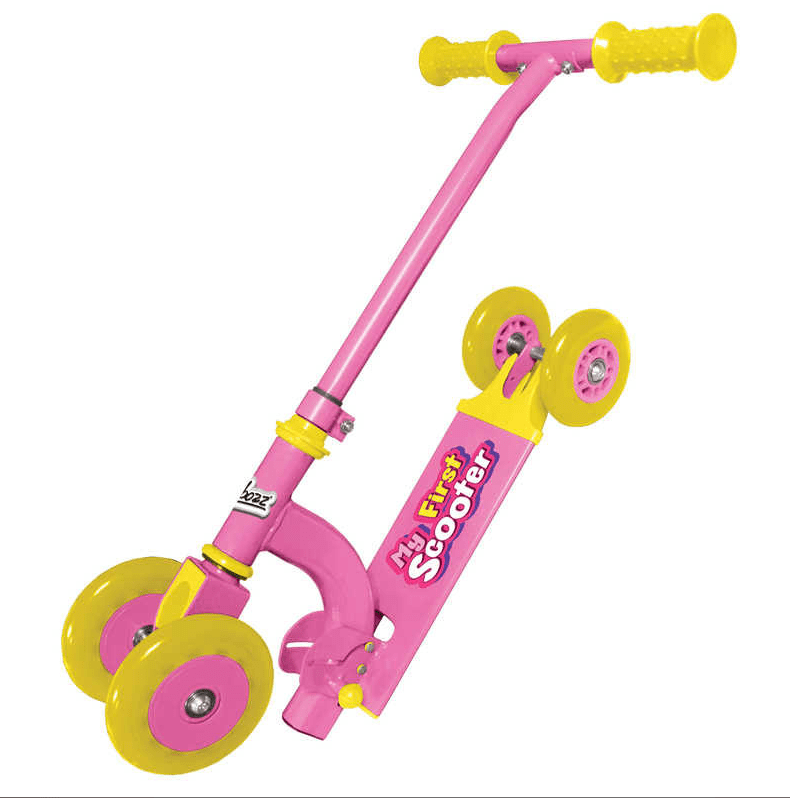 The Ozbozz My First Foldable Kids Kick Scooter - Pink is a pink and yellow three-wheeled scooter, perfect for beginners. It features yellow handlebars and wheels, a predominantly pink frame, and "My First Scooter" text on the side.