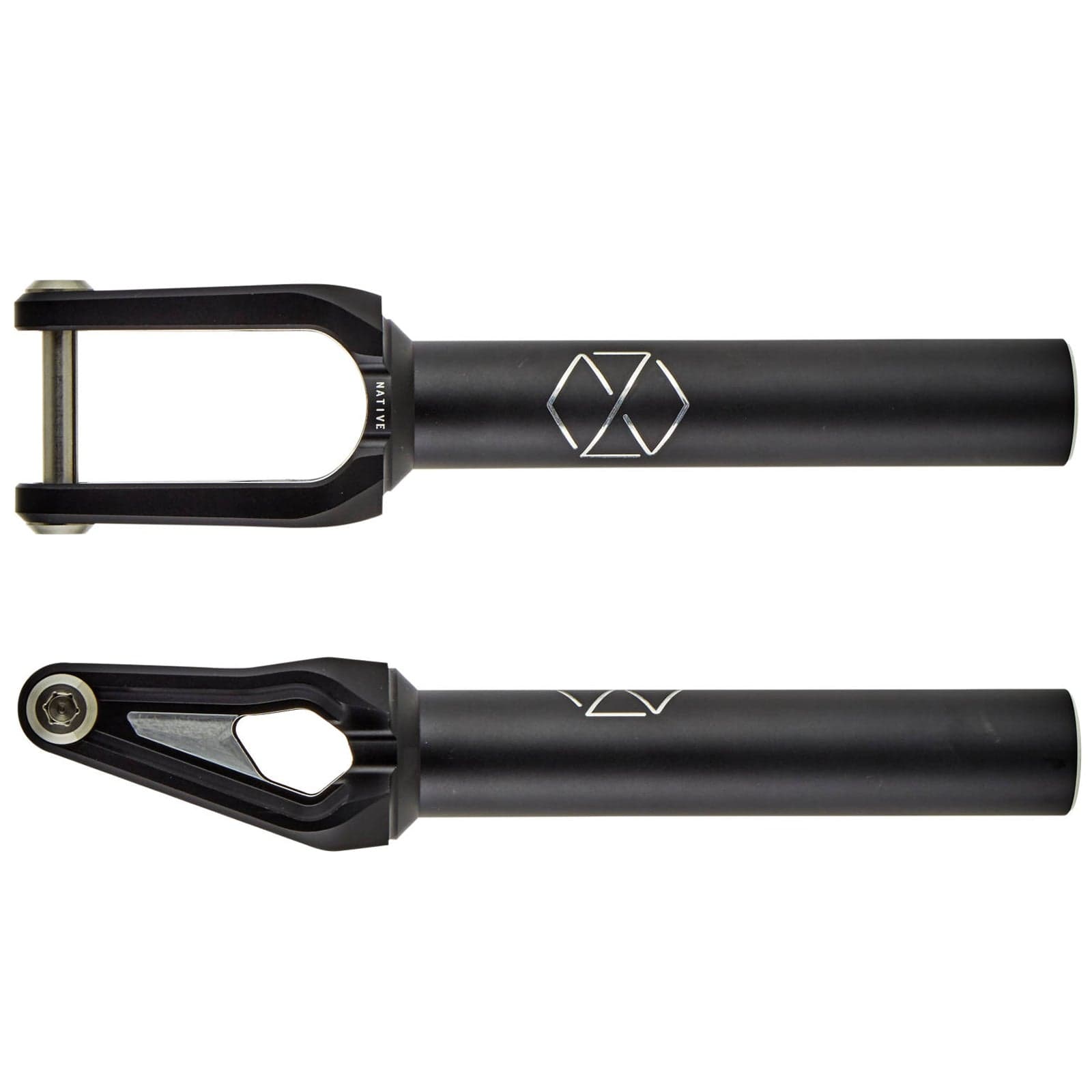 Image of two black Native Versa SCS/HIC Stunt Scooter Forks, expertly crafted from CNC-machined aluminium, arranged side by side with a hexagonal logo on each. One fork illustrates the top view with a round opening, while the other presents a side view highlighting a bolt and open slot design—an ideal selection for custom scooters.