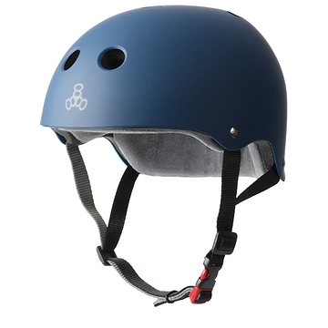 The Triple 8 Certified Sweatsaver Skate Helmet in Rubber Navy provides dual-certified protection, featuring ventilation holes, a soft interior lining, and adjustable black chin straps with a red buckle clasp to ensure safety and comfort.