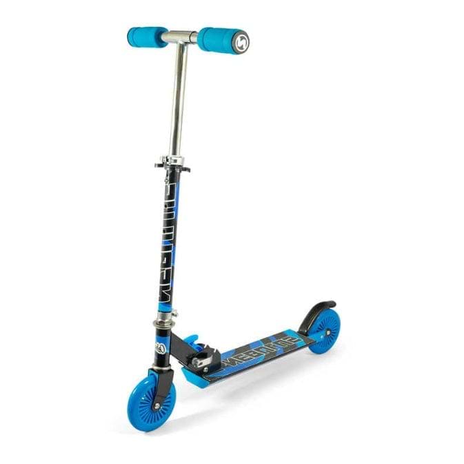 The Ozbozz Nebulus Foldable Kids Kick Scooter features a blue and black design with two wheels, adjustable handlebars, foam grips, and a textured foot deck. It includes a convenient folding mechanism for easy storage.
