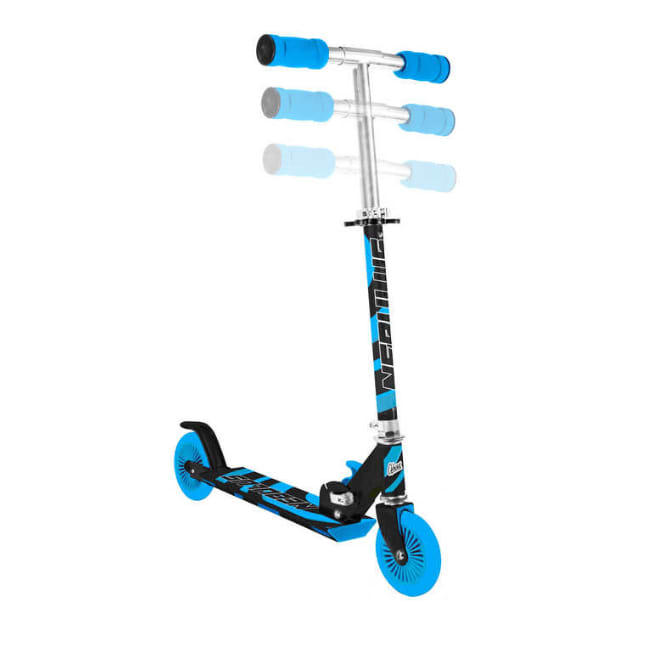 The Ozbozz Nebulus Foldable Kids Kick Scooter in Black/Blue is perfect for kids, featuring adjustable handlebars for versatile heights, two wheels, and a deck with playful graphics.