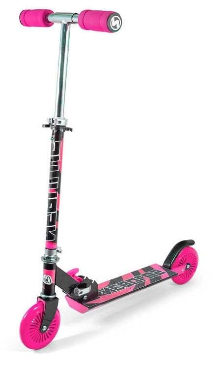The Ozbozz Nebulus Foldable Kids Kick Scooter in black and pink features a sturdy metal frame, an adjustable handlebar, two wheels, pink handlebars and accents, and a folding mechanism for easy storage.