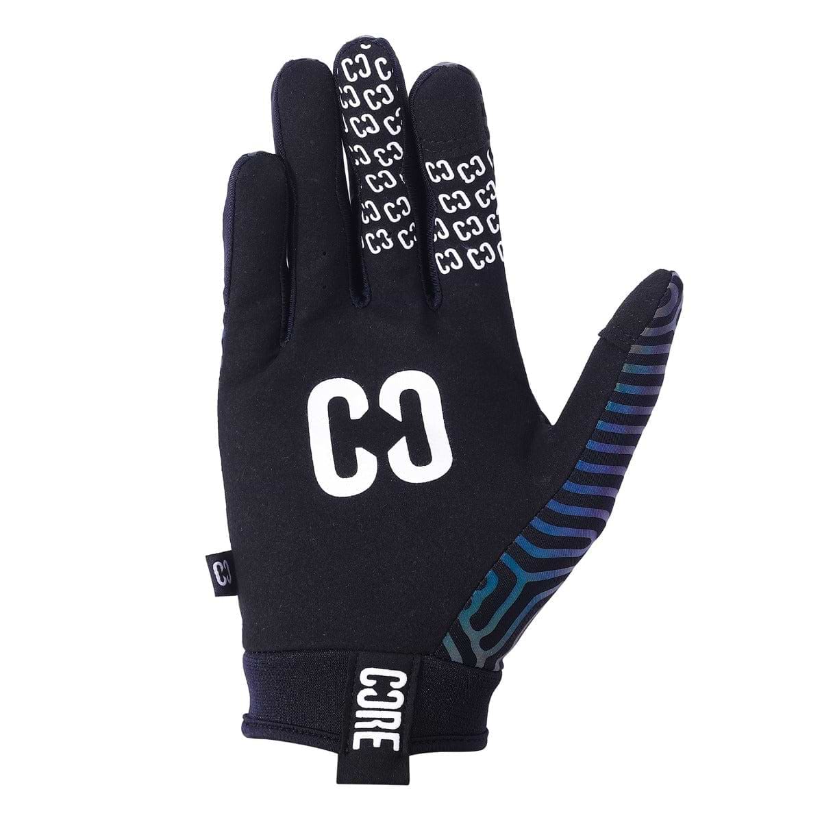 Introducing the CORE Aero Skate Protection Gloves - Neochrome Reflective by CORE, featuring a sleek black design accented with a white "C3" logo on the back. The index finger shares this pattern and is touch screen compatible. The palm boasts a blue and green circuit-like design, enhanced with a "CORE" label at the wrist for that perfect Skin Fit style.
