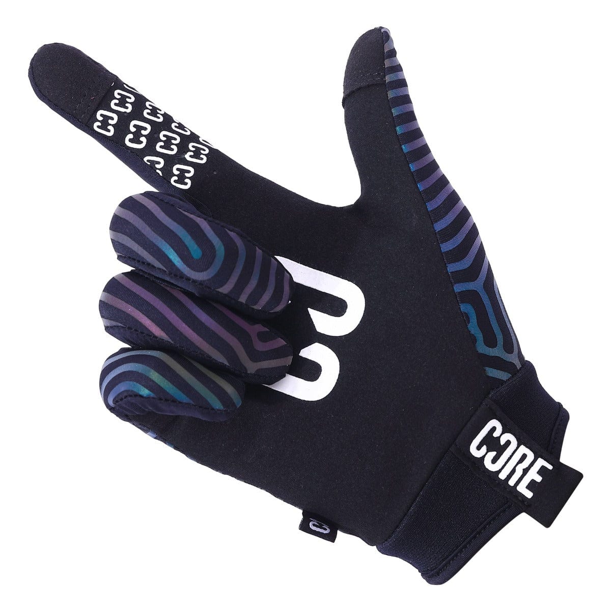 The CORE Aero Skate Protection Gloves - Neochrome Reflective, by CORE, boast a sleek black design adorned with blue and purple wavy patterns on the fingers. They are touch screen friendly with extended index and little fingers while the middle and ring fingers are folded. The bold "CORE" logo is prominently displayed on the wrist area.