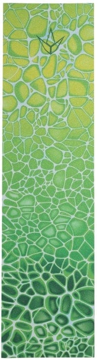 A yoga mat featuring a mosaic pattern that transitions from yellow at the top to green at the bottom, inspired by the vivid design of the Blunt Envy Neuron Stunt Scooter Griptape - Green. Near the top center, there is a small crane illustration.