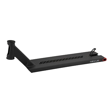 The Drone Nexus 1 Black Squared Stunt Scooter Deck, measuring 6" x 23", features a sleek black design with a triangular neck and foot brake. The vented pattern enhances its style, while the bold white and red "Nexus" branding adds a striking touch to this top-tier product.