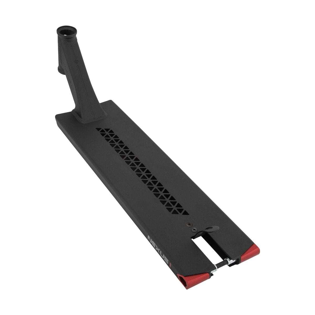 The Drone Nexus 1 Black Squared Stunt Scooter Deck, measuring 6.5" x 23", features a sleek design with red-accented tail and cutout pattern for style and weight reduction. This street deck by Drone includes mounts for handlebars and wheels, set against a plain white background.