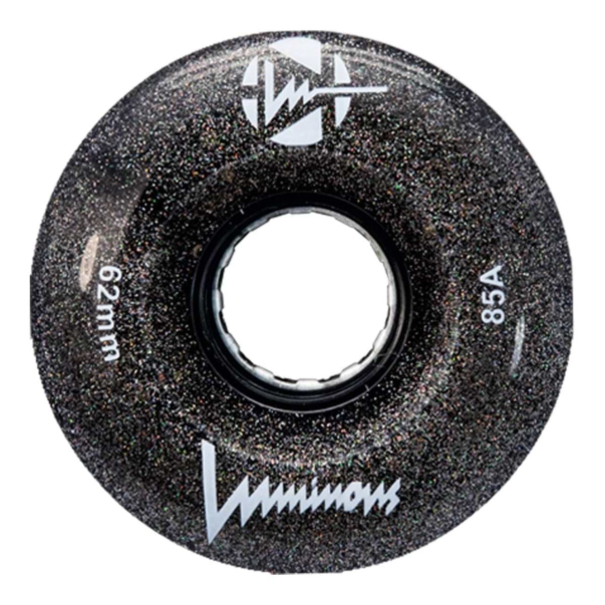 The Luminous LED 85A Quad Roller Skate Wheel in Night Sky (62mm) features a black glittery finish with white "62mm" and "85A durometer" text, plus the Luminous brand name, and a central hole for mounting on your skate axle.