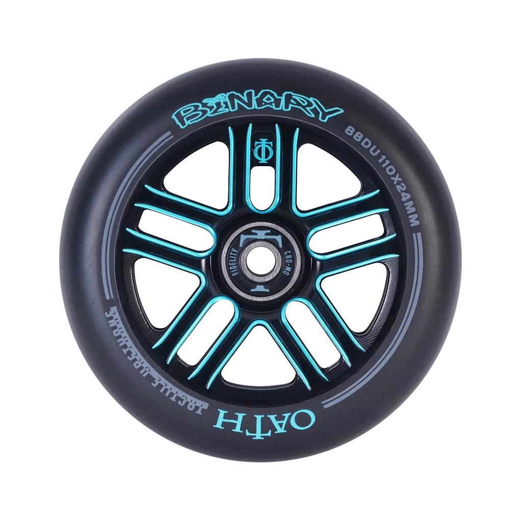The Oath Binary 110mm Stunt Scooter Wheel in Black / Blue highlights a sophisticated black design paired with turquoise accents and lettering. The inner hub is adorned with a geometric pattern, while the tire boldly displays the "OATH" branding. Equipped with premium Oath Fidelity bearings, this 88DU 110x24mm wheel provides exceptional impact resistance.