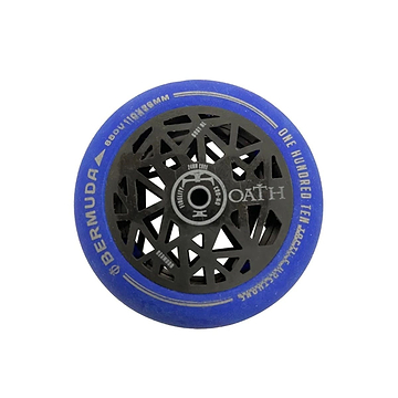 This CORE-designed Oath Scooter Wheel Eraser in blue features a circular shape with a geometric black core pattern, perfect for scooter enthusiasts. The rim of the eraser is adorned with phrases such as "Bermuda," "One Hundred Ten," and "Oath," giving it a technical and sleek appearance.