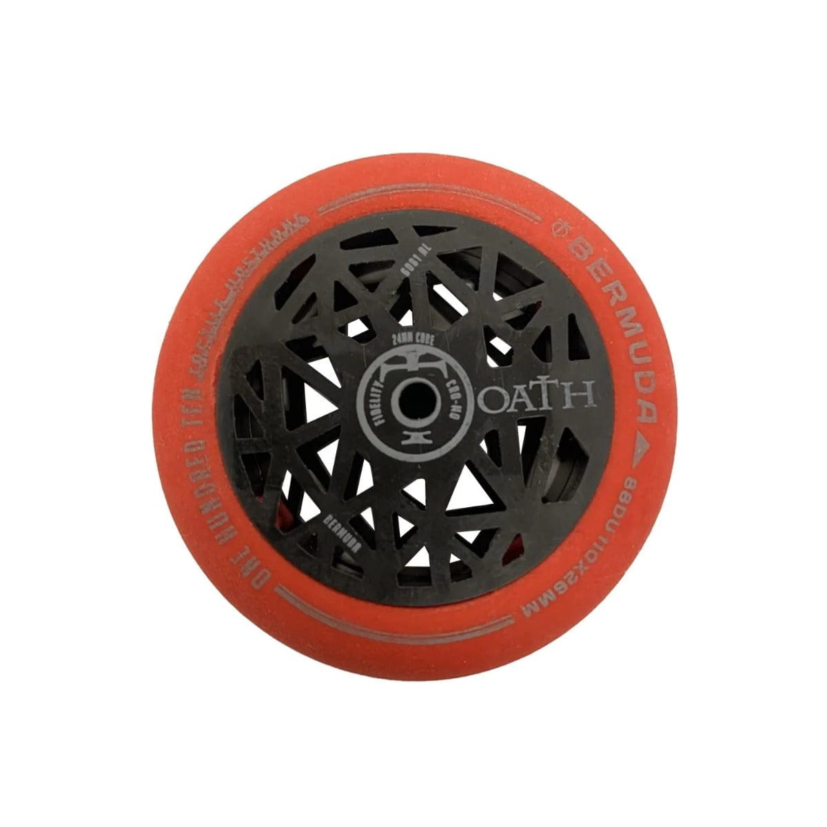 The Oath Scooter Wheel Pencil Eraser - Red by CORE features a geometric cutout design and the word "Bermuda" on the rim—an eye-catching addition to any scooter enthusiast's pencil case.