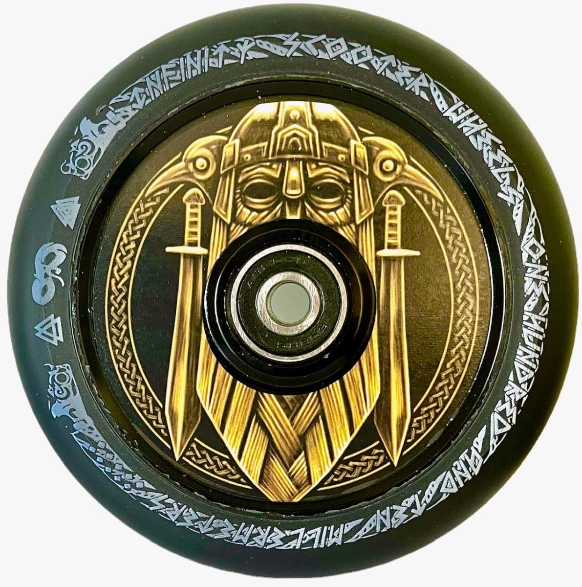 The Infinity Viking 110mm Hollowcore Stunt Scooter Wheel - Odin by Infinity showcases a Norse-themed design with a helmeted warrior and two swords, embraced by runes in gold, silver, and black. Made with lightweight Hollowcore technology and high rebound PU, it merges ancient allure with modern innovation.