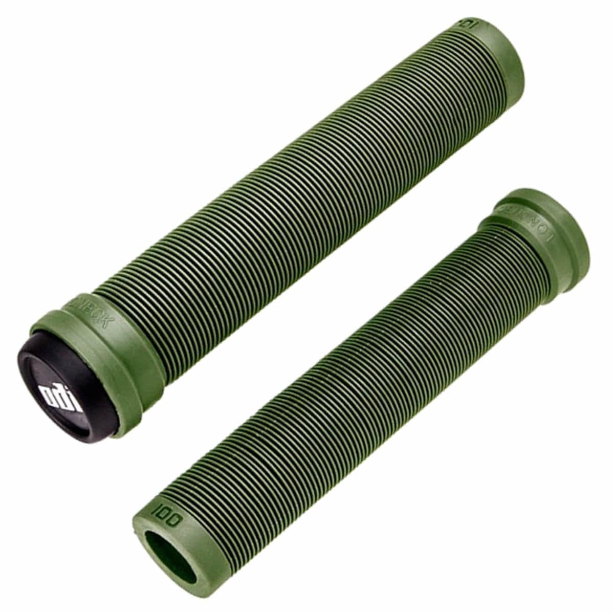 The ODI Longneck SLX Army Green Stunt Scooter Grips - 160mm are a pair of green handlebar grips crafted from Krayton rubber, boasting a ribbed texture and black end caps featuring the brand's logo. Positioned side by side, these grips showcase the signature uniform design of ODI's Longneck style.