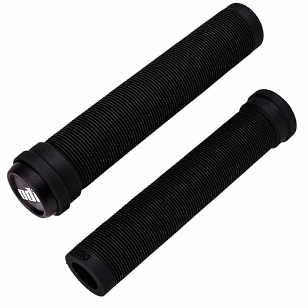 A pair of cylindrical black ODI Longneck SLX Stunt Scooter Grips, measuring 160mm and crafted from Krayton rubber with a ribbed texture. Each grip is equipped with a circular end cap showcasing the ODI logo, designed for comfortable handling.