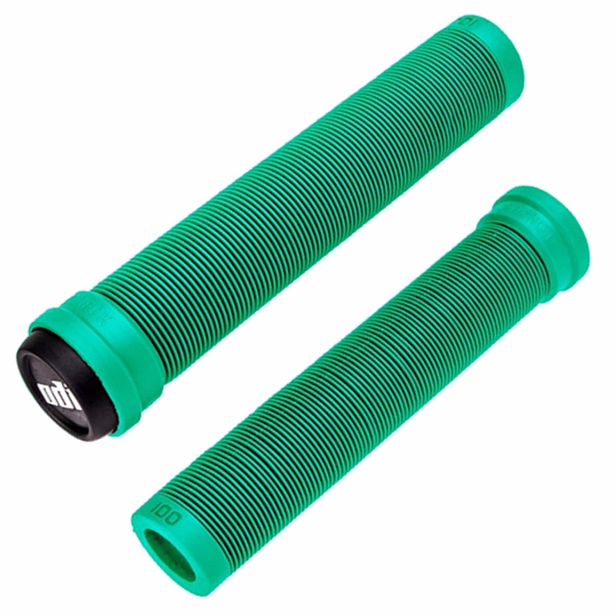 These ODI Longneck SLX Stunt Scooter Grips in mint green are made from durable Krayton rubber, providing an excellent grip with finely crafted ridges. One of the grips is angled slightly to showcase the logo on the end cap, emphasizing its sleek design and functionality.