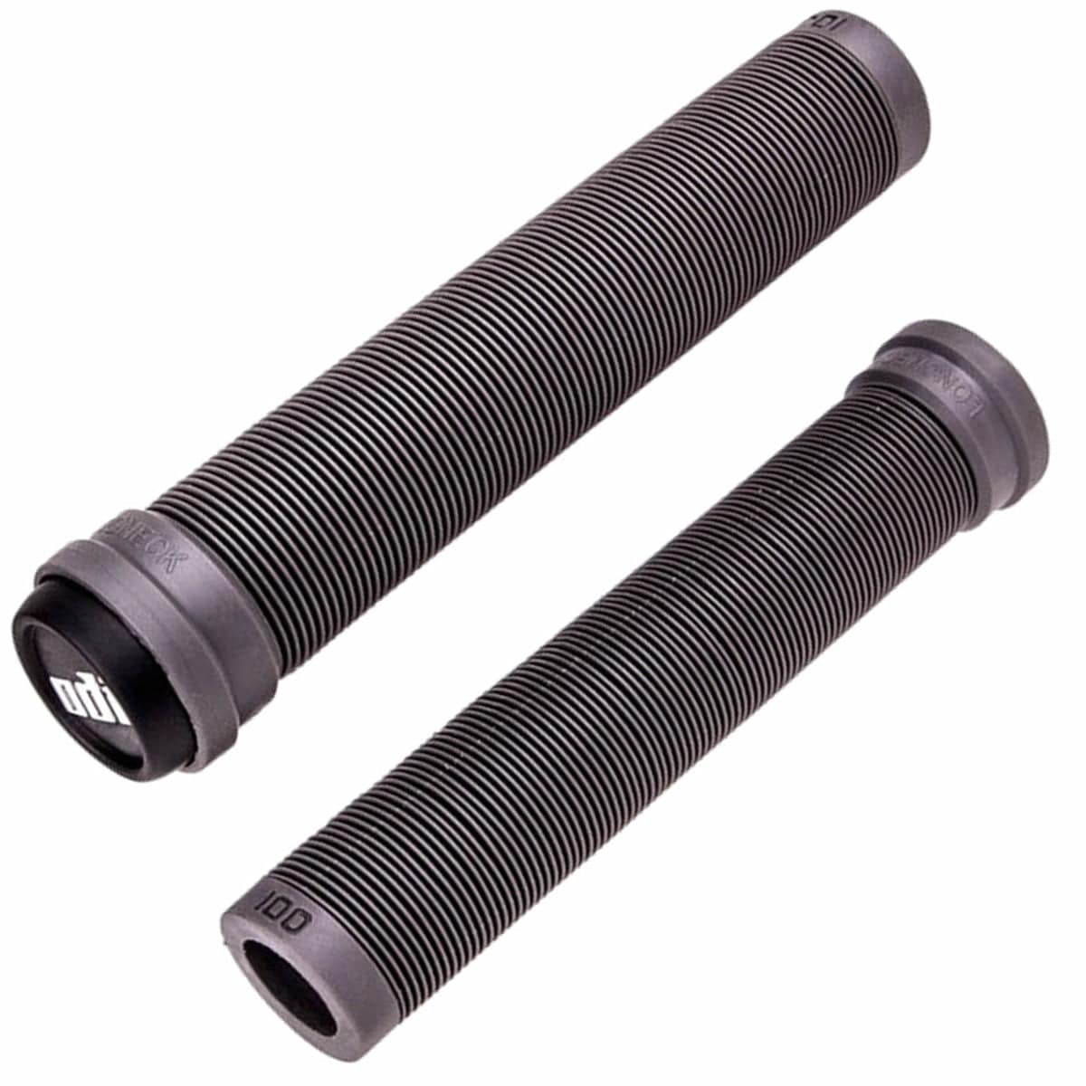 Two ODI Longneck SLX Graphite stunt scooter grips, featuring a black ribbed texture and branded end caps, offer a cylindrical design that focuses on comfort and grip enhancement.