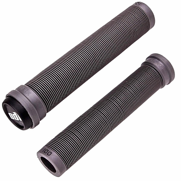 Two ODI Longneck SLX Graphite stunt scooter grips, featuring a black ribbed texture and branded end caps, offer a cylindrical design that focuses on comfort and grip enhancement.