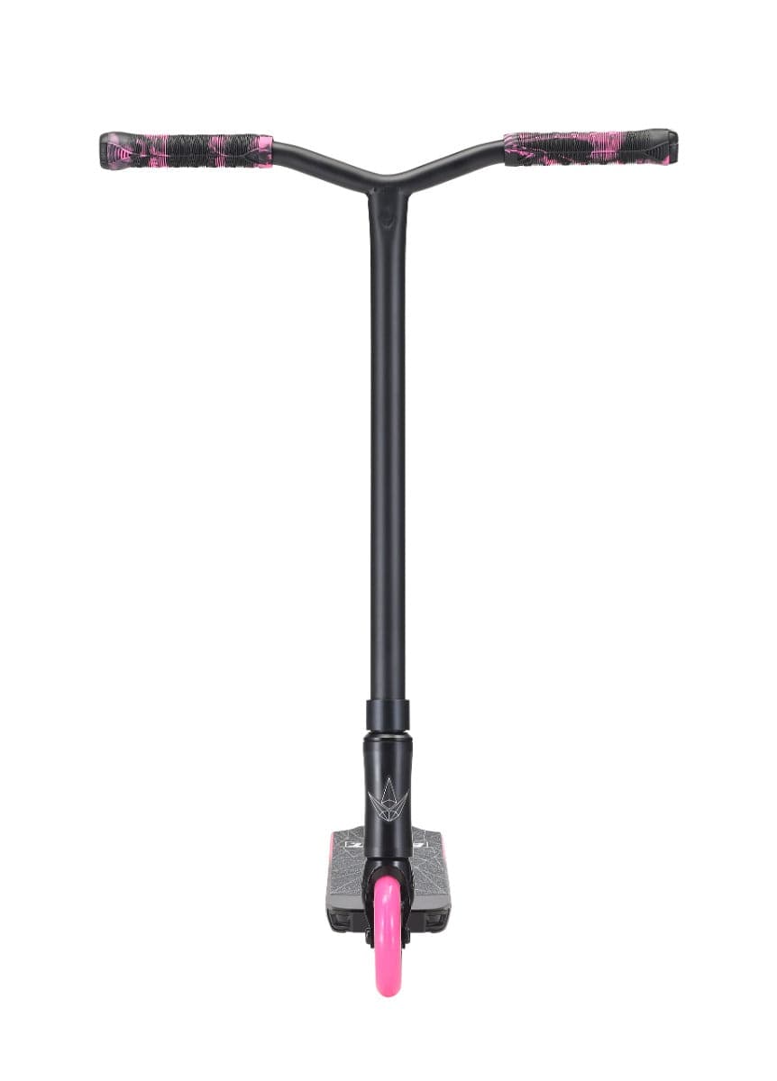 The Blunt Envy ONE S3 Complete Stunt Scooter in Black and Pink is designed with pink highlights on the grips and front wheel. Its deck showcases a subtle pink design, complemented by straight, wide handlebars. Positioned facing forward against a white background, it emphasizes the sleek pro scooter parts characteristic of Blunt Envy.