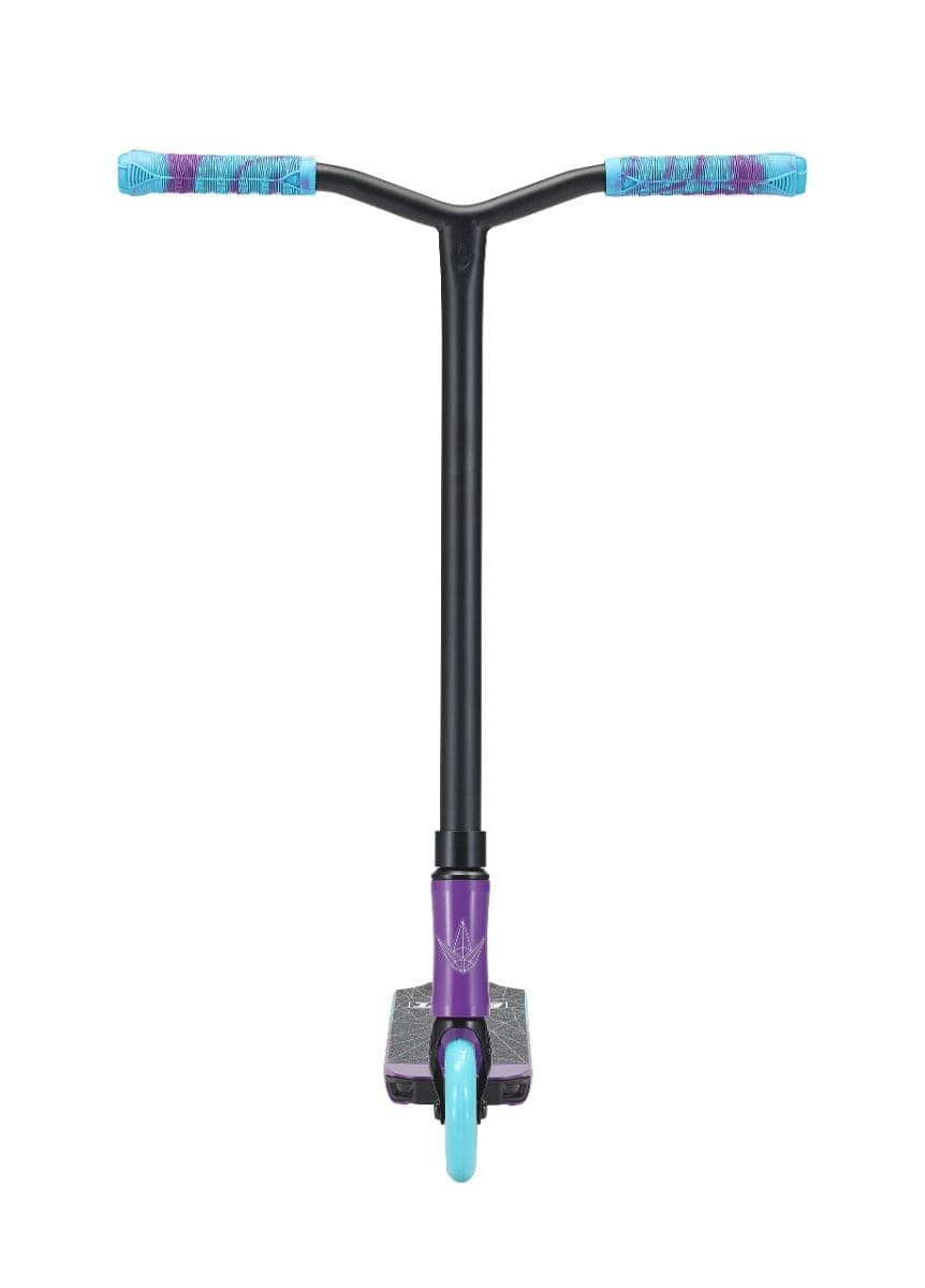 A front view of the Blunt Envy ONE S3 Complete Stunt Scooter highlights its durable pro scooter parts, featuring a black handlebar with purple and teal grips. The base combines purple and black with subtle designs, while the light blue front wheel provides an eye-catching detail.