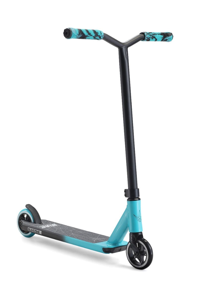 The Blunt Envy ONE S3 Complete Stunt Scooter in teal and black features a Y-shaped handlebar, black grips with teal accents, and a deck adorned with graphic designs. It showcases high-quality pro scooter parts, two black wheels, and a robust frame perfect for tricks and exhilarating rides.