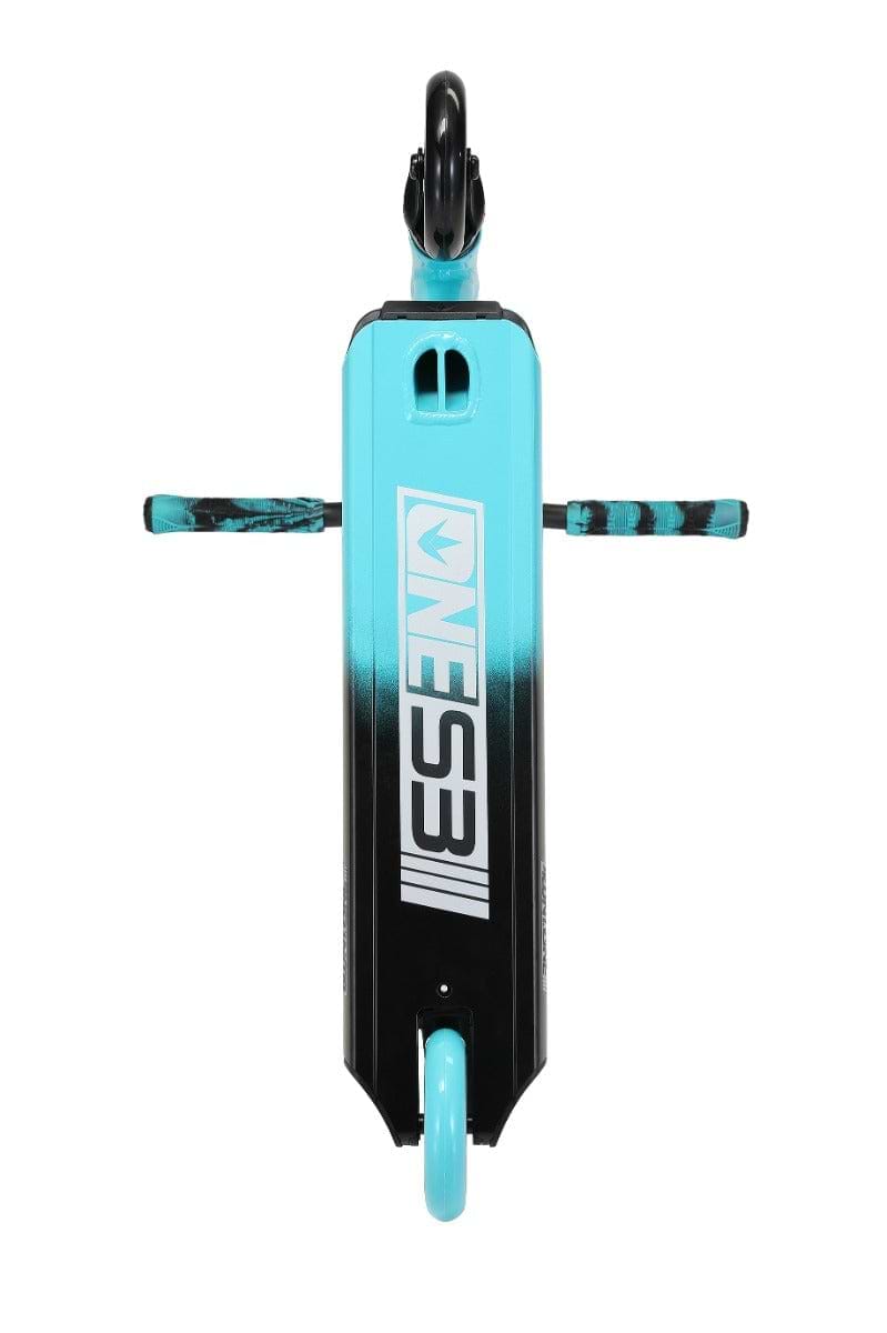 Top view of a teal and black Blunt Envy ONE S3 Complete Stunt Scooter deck, featuring the brand "Blunt Envy" printed on it. The rear wheel and two pegs extend from the sides, highlighting pro scooter parts with a gradient color transitioning from teal to black.
