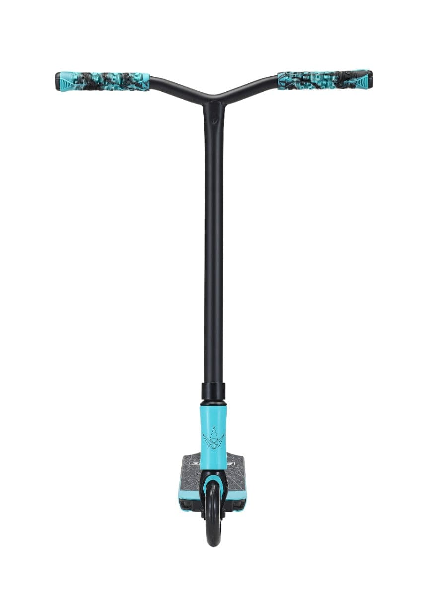 Front view of the Blunt Envy ONE S3 Complete Stunt Scooter in teal and black, showcasing a T-bar handle, black deck, and single front wheel. The handlebars are equipped with grips featuring a stylish black and teal pattern. Ideal for enthusiasts seeking pro scooter parts to elevate their ride.