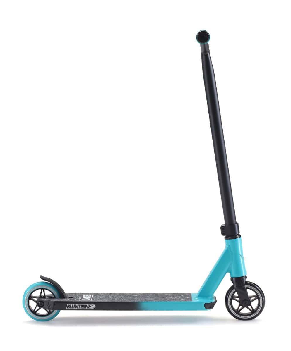 The Blunt Envy ONE S3 Complete Stunt Scooter in Teal and Black features a sleek, minimalist design with a teal and black color scheme. It comes equipped with sturdy handlebars, a footboard featuring a black grip surface, black wheels with turquoise hubs, making it an excellent choice for beginners interested in exploring pro scooter parts.