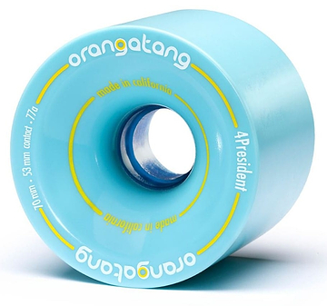A blue Orangatang 4President 70mm 77A longboard wheel features "Orangatang," "made in California," and "4President" in yellow and white text. The wheel’s durometer, along with other dimensions and specifications, is displayed in smaller text.