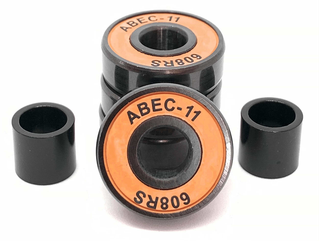 The product image features a set of four Logic ABEC 11 Orange Scooter Bearings with prominent orange labeling, accompanied by two cylindrical spacers on each side against a white background—perfect for professional setups.