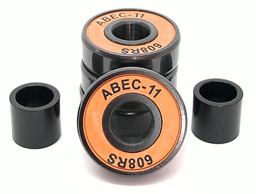 The product image features a set of four Logic ABEC 11 Orange Scooter Bearings with prominent orange labeling, accompanied by two cylindrical spacers on each side against a white background—perfect for professional setups.