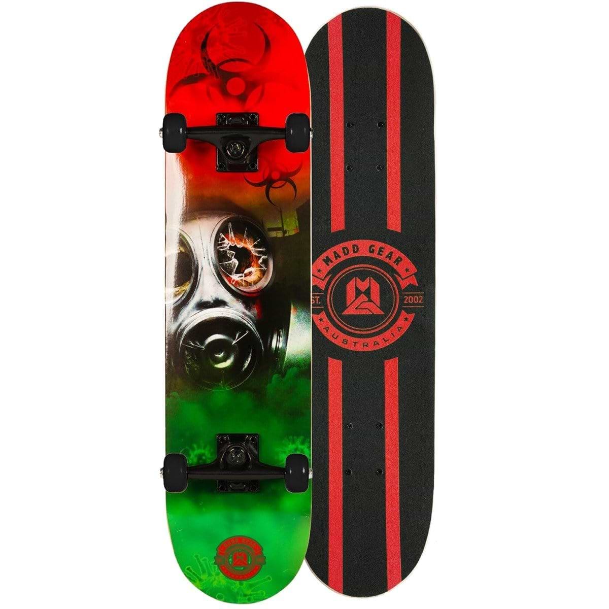 The Madd Gear MGP Pro Series Outbreak Red / Green Complete Skateboard - 8" x 31" features a striking red, green, and black gas mask design on a sturdy 9 Ply maple deck. Another standout is the model with black grip tape embellished with red stripes and the iconic "Madd Gear Australia 2002" logo. Both skateboards are equipped with resilient Carbon Steel ABEC 3 bearings to ensure smoother rides.