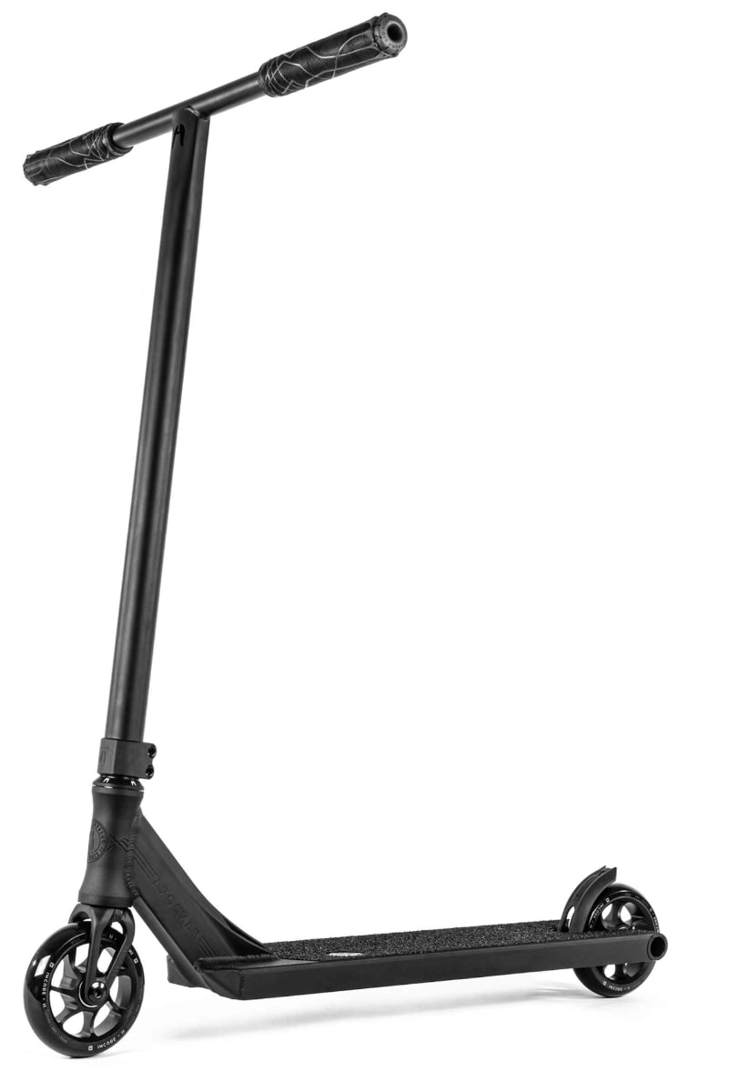 The Ethic DTC Pandora Complete Stunt Scooter (M) - Black features a chromoly steel T-bar and a lightweight frame, making it perfect for street riding. Its black deck is equipped with a grip surface, while the small, sturdy wheels make it ideal for performing tricks. Photographed against a white background, this scooter from Ethic is crafted for thrill-seekers.