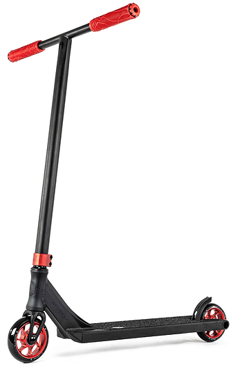 The Ethic DTC Pandora Complete Stunt Scooter (M) - Red is perfect for street riding with its sleek design featuring a sturdy chromoly steel single-piece handlebar and deck. The vibrant red grips and wheel hubs add a pop of color to the minimalist black frame.