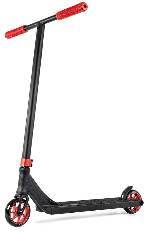 The Ethic DTC Pandora Complete Stunt Scooter (M) - Red is perfect for street riding with its sleek design featuring a sturdy chromoly steel single-piece handlebar and deck. The vibrant red grips and wheel hubs add a pop of color to the minimalist black frame.