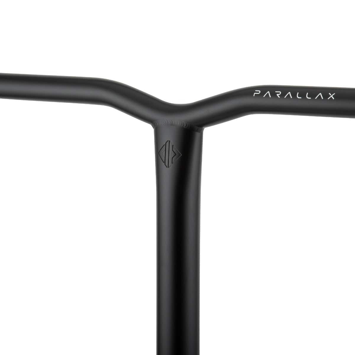 Close-up of the black handlebar on the Drone Parallax Titanium HIC Stunt Scooter Y-Bars, featuring the word "PARALLAX" printed on the right side. These titanium bars have a matte finish, providing a simple yet sleek design compatible with both SCS and HIC compression systems.