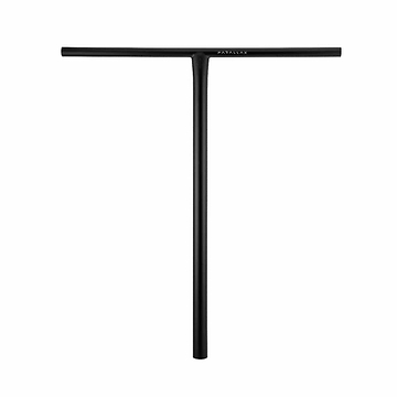 Introducing the Drone Parallax Titanium HIC Stunt Scooter T-Bars in black, measuring 710mm by 630mm. Crafted from premium titanium materials, these T-shaped handlebars boast a sleek, minimalist design with the "Drone" brand name featured near the top. They are compatible with both SCS and HIC compression systems and are showcased against a clean white background.