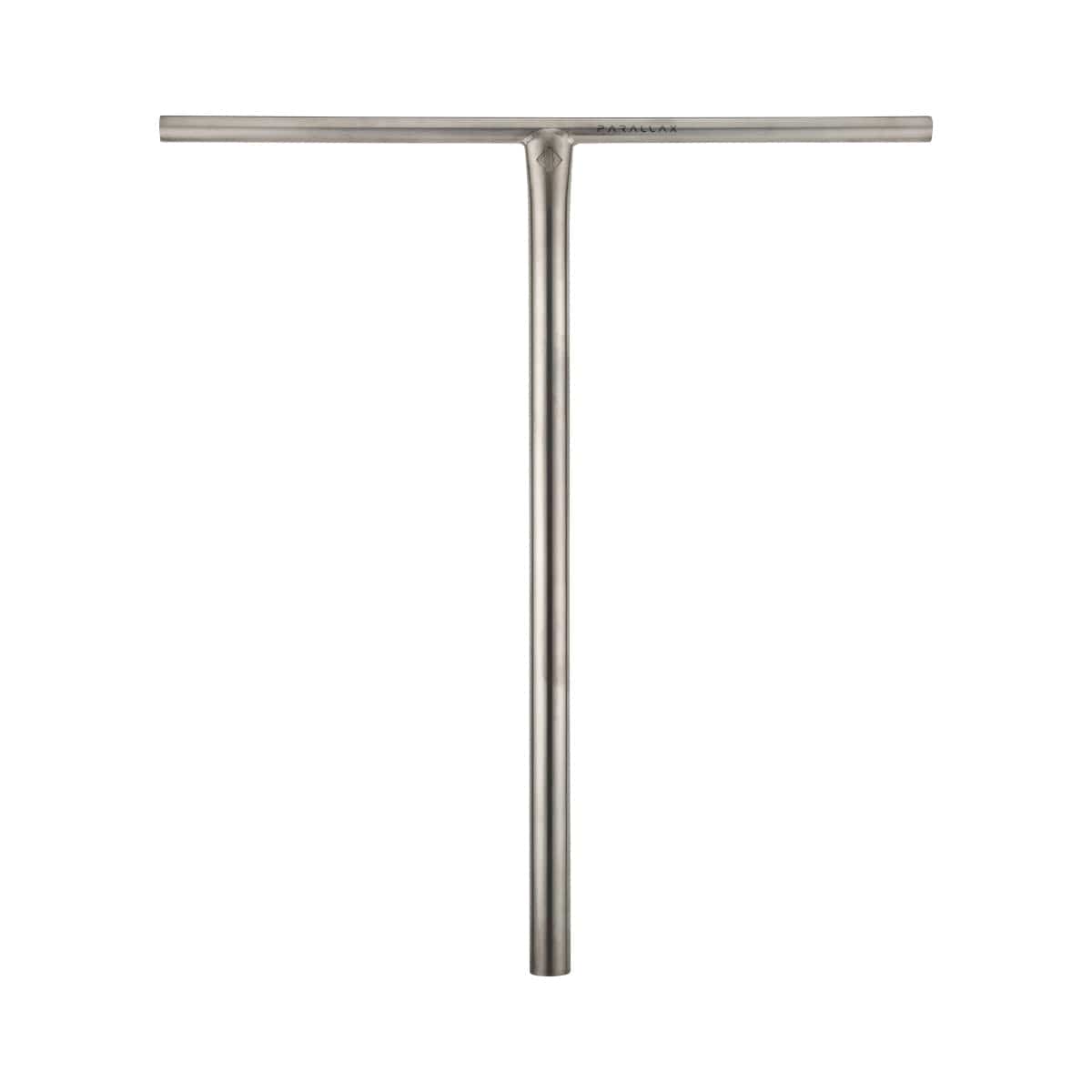 A premium T-shaped scooter handlebar, the Drone Parallax Titanium HIC Stunt Scooter T-Bars - Raw 710mm x 630mm, crafted with sleek titanium metal, stands elegantly against a white background, reflecting the simplicity and sophistication associated with Drone scooters.