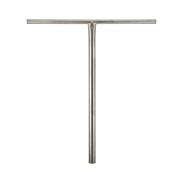 A premium T-shaped scooter handlebar, the Drone Parallax Titanium HIC Stunt Scooter T-Bars - Raw 710mm x 630mm, crafted with sleek titanium metal, stands elegantly against a white background, reflecting the simplicity and sophistication associated with Drone scooters.