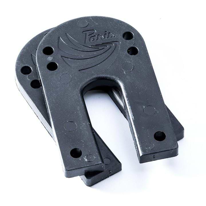 Two Paris V2 Black Longboard Riser Pads, each with multiple holes and a logo featuring stylized wings, are stacked on top of each other against a white background. These 1/4" riser pads from Paris are perfect for enhancing your longboard setup with both sturdiness and style.