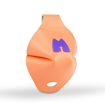 An ergonomically designed peach-colored hand grip crafted for comfort and support, featuring a purple "M" logo inspired by Moxi Roller Skate branding on the surface.