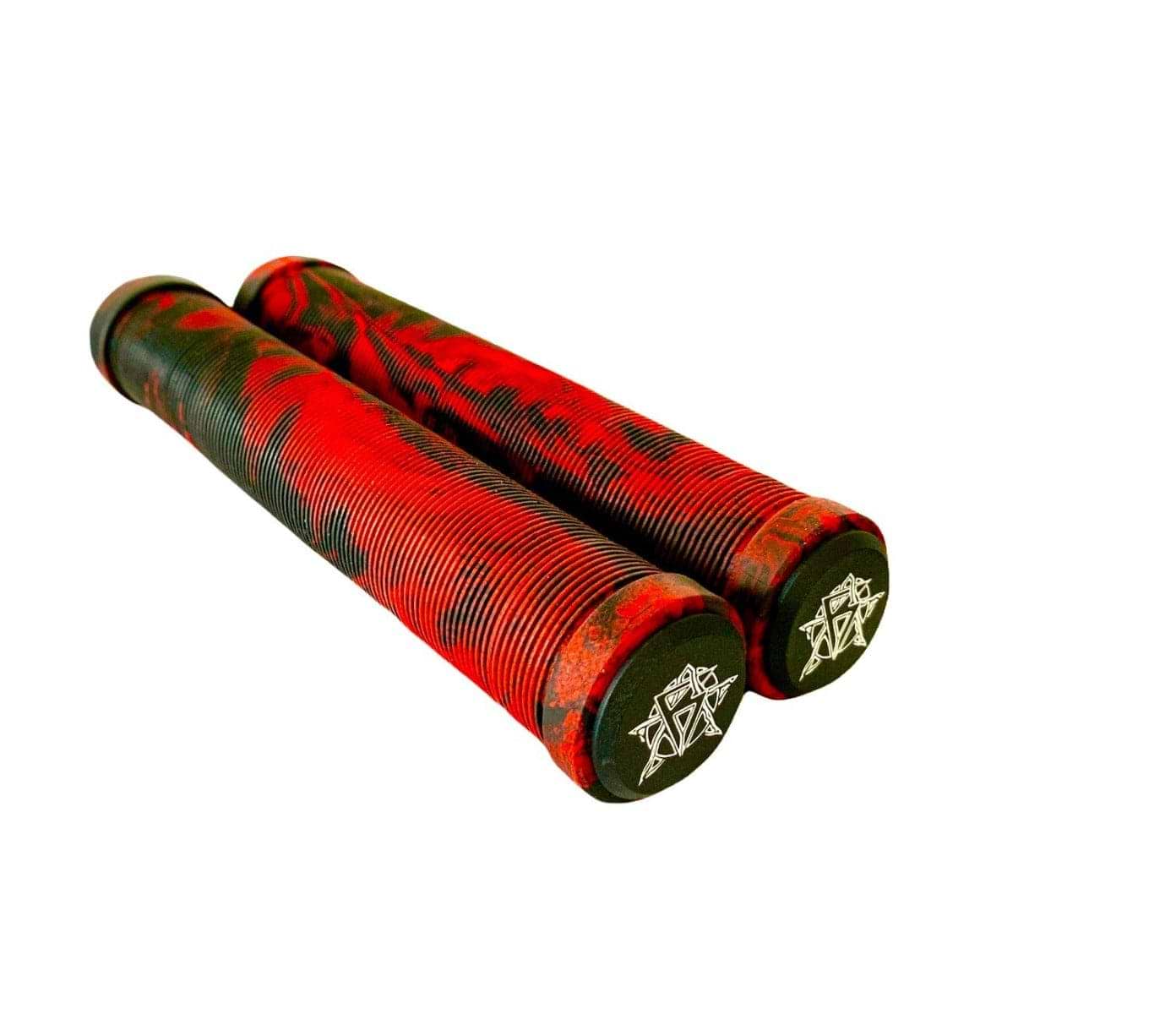 The Revolution Fused Black / Red Stunt Scooter Grips by Revolution measure 172mm and boast ribbed textures with a marbled pattern. Crafted from high-grade TPR, these super soft grips feature logos on the end caps, making them perfect for those seeking both style and comfort in stunt scooter performance.