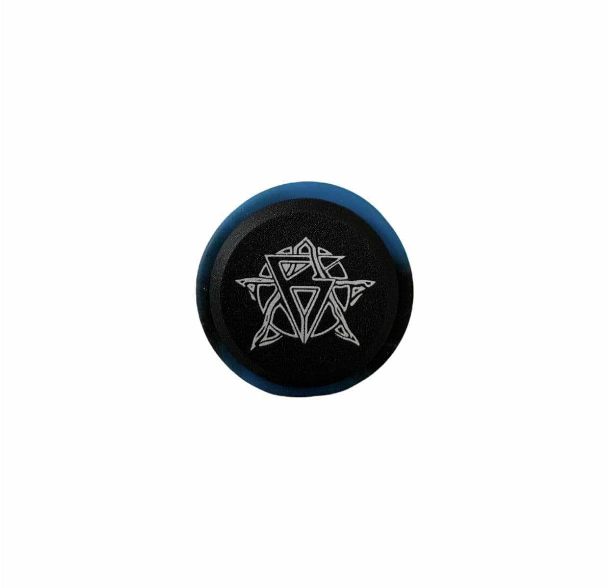 The Revolution Fused Black / Blue Stunt Scooter Grips, measuring 172mm, showcase an intricate geometric star design in white against their circular black surface, bordered with a thin blue outline. Reminiscent of high-quality stunt scooter grips' super soft texture, this stunning piece stands out beautifully against a plain white background.