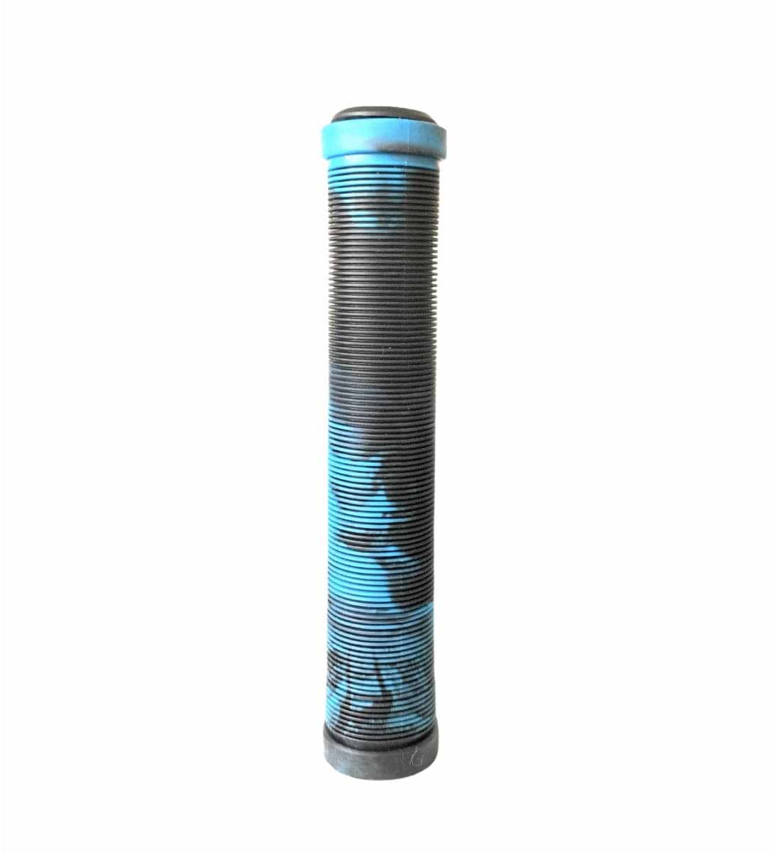 Introducing the Revolution Fused Black / Blue Stunt Scooter Grips - 172mm, featuring a tall cylindrical design with horizontal ridges for optimal grip. These grips blend black and blue in a wavy pattern, offering comfort and style to your ride.