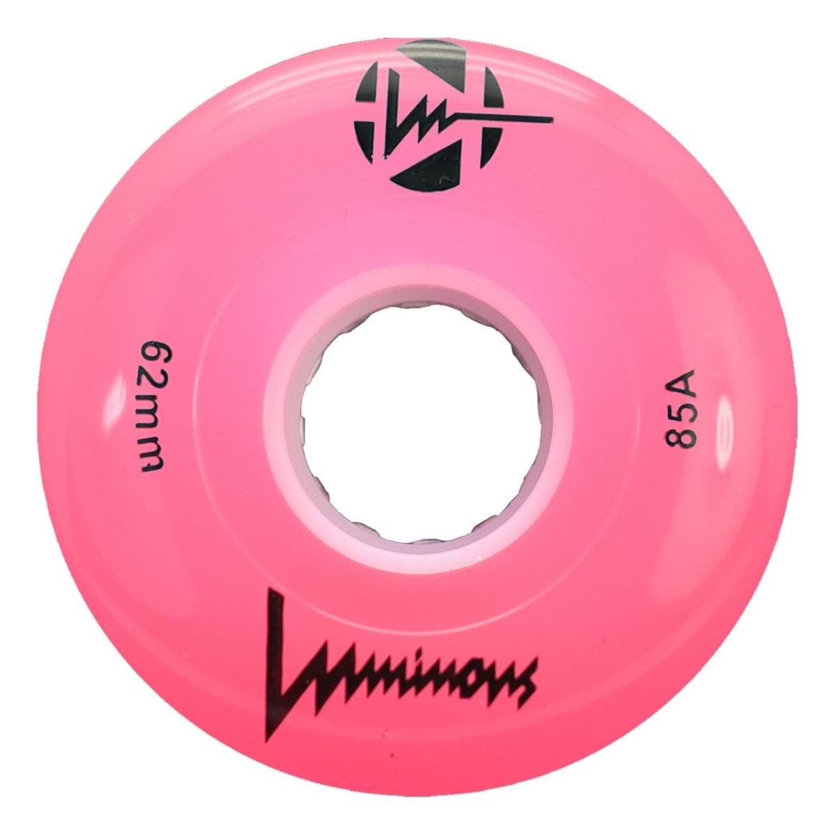 The Luminous LED 85A Quad Roller Skate Wheels by Luminous feature a bright pink 62mm urethane design with an 85A durometer and central mounting hole—ideal for skaters who want style, performance, and light-up fun.