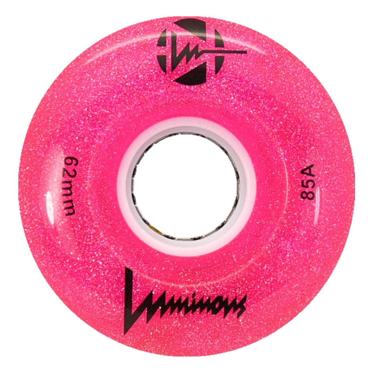 The Luminous LED 85A Quad Roller Skate Wheel in Pink Glitter (62mm) by Luminous features a white core, glossy circular finish, and black brand logo.