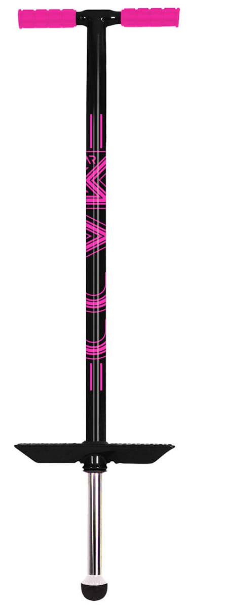 Introducing the Madd Gear MGP Pogo Stick - Black / Pink, featuring a sleek black frame with vibrant pink handles and a shaft decorated with pink geometric designs. Built for durability, it comes with a high-grade alloy stem and is equipped with a rubber tip for top performance thanks to its high rebound urethane formula.