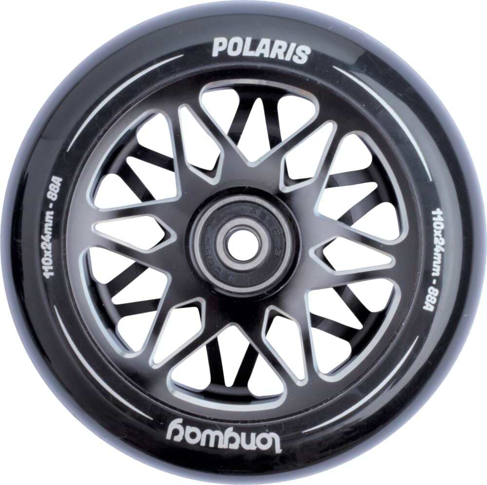A close-up of the sleek, intricate spoke design on a Longway Polaris 110mm Stunt Scooter Wheel - Black, crafted from durable 6061-T6 alloy. The brand name "Longway" and technical specifications "110x24mm - 88A" are printed on the hollow core surface.