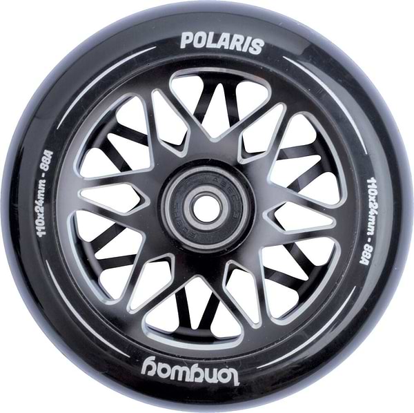 A close-up of the sleek, intricate spoke design on a Longway Polaris 110mm Stunt Scooter Wheel - Black, crafted from durable 6061-T6 alloy. The brand name "Longway" and technical specifications "110x24mm - 88A" are printed on the hollow core surface.